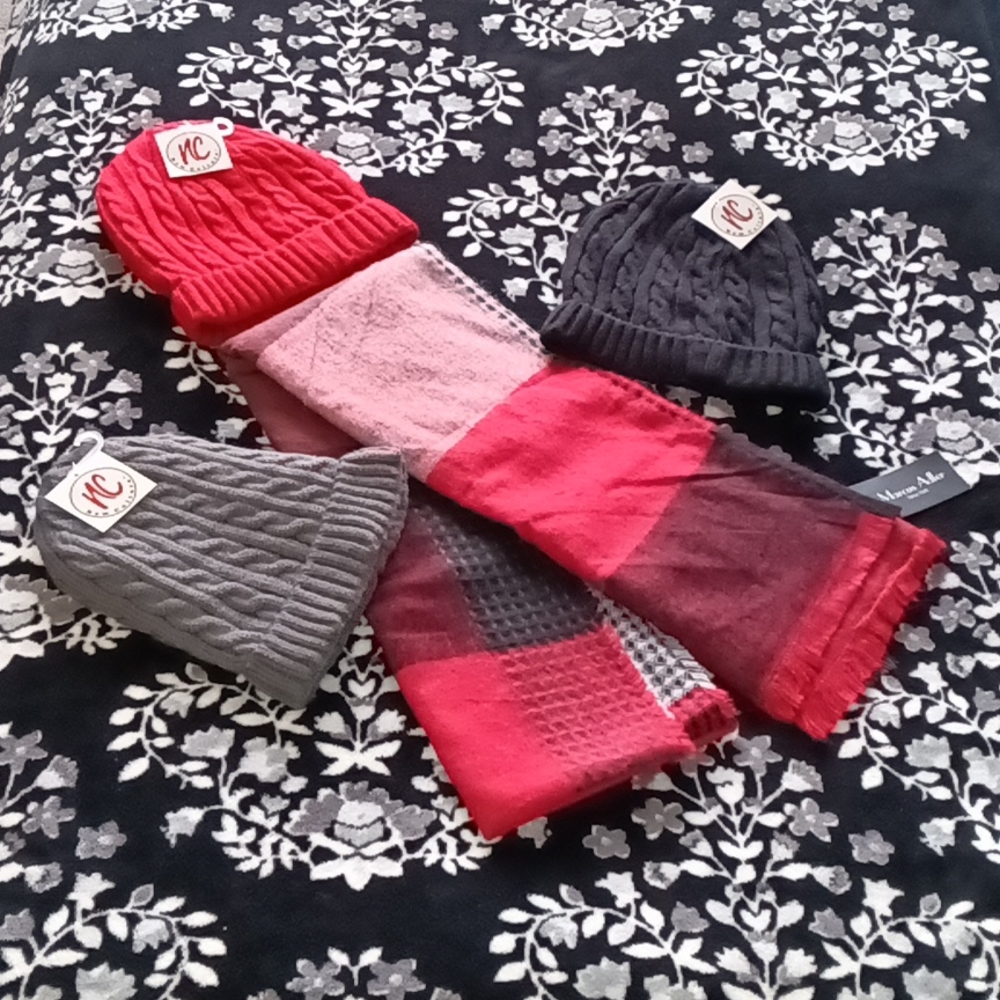 Marcus Adler New York Plaid Scarf + 3 NC New Culture™ Cable Knit Hats NWT